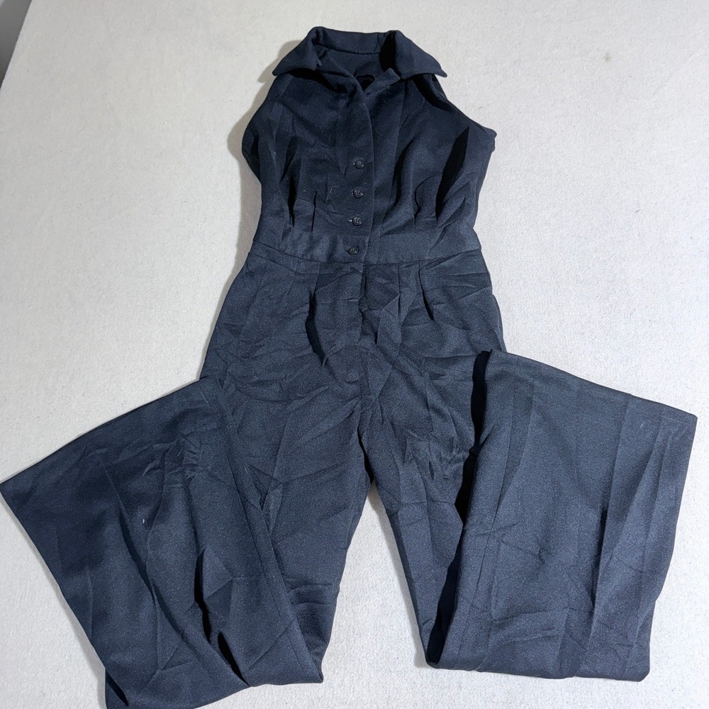 Vintage Black Sleeveless Wide Leg Jumpsuit Button Front Collared Flare 70s